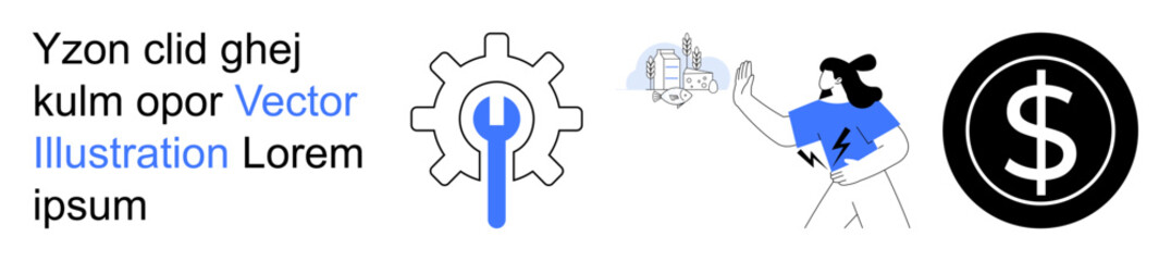Obraz premium Financial planning, problem-solving, technology solutions, business development, workflow optimization, innovation. A gear, dollar sign and a person with abstract elements. Financial planning