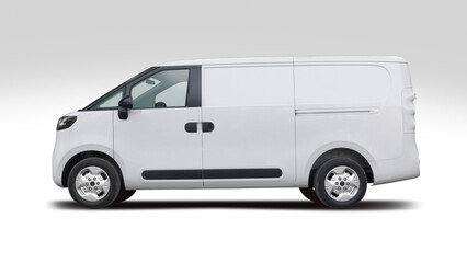 Side profile of a modern white electric delivery van on a neutral background for branding © Konstantinos Moraiti