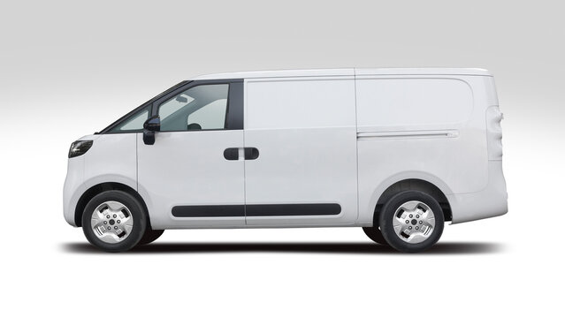 Side profile of a modern white electric delivery van on a neutral background for branding