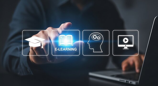 Man interacting with e-learning on a computer online education laptop