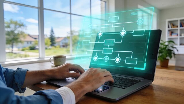 Man typing on laptop with futuristic holographic flowchart interface digital workflow concept remote work technology business process automation data visualization home office