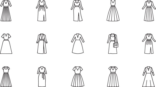 Black and white line of three rows of women's dresses with various necklines and sleeves line dresses