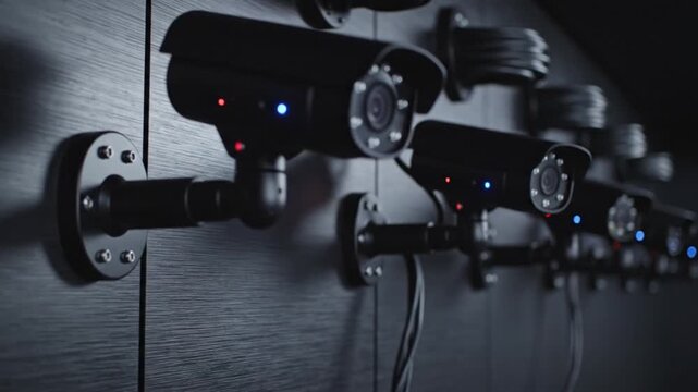 Security cameras mounted on a wall in a dark room with wires in background for surveillance