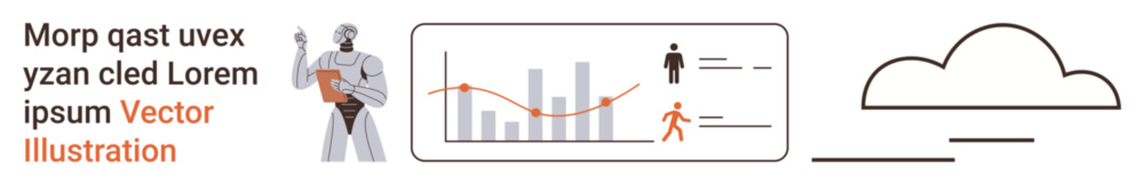 Data analysis, cloud storage, AI automation, business intelligence, technology innovation, futuristic design. Robot with chart and cloud icon. Data analysis and cloud storage