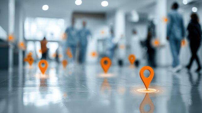 Digital map with orange location pins representing various points of interest in an urban setting with people walking in the background