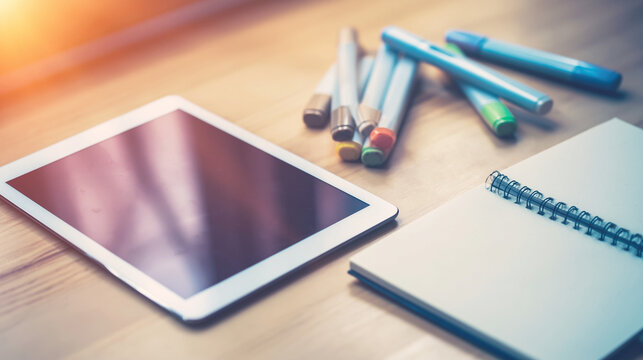 Creative Workspace Organization: Digital Tablets, Notebooks & Art Supplies on Wooden Surface