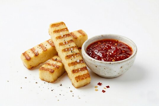 Grilled halloumi cheese sticks with chili dipping sauce isolated on white