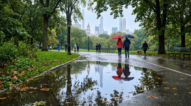 Rainy day in the park, featuring people with umbrellas reflected in puddles, surrounded by nature and the city skyline. Eco-friendly concept