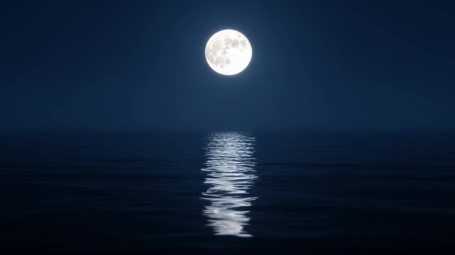A radiant full moon illuminates the calm, dark ocean surface, creating a shimmering path of light across the tranquil water under a deep midnight blue sky.