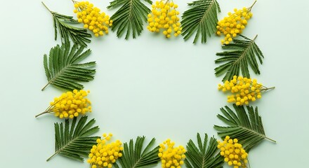 Fototapeta premium Beautiful Frame Made of Fresh Yellow Mimosa Flowers and Green Leaves Background