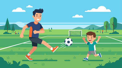 Obraz premium This flat design illustration captures the joy and energy of a father and child playing soccer together in a field, representing shared hobbies, active lifestyles, and family fun.