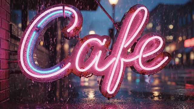 Neon Cafe Sign in the Rain - A Nighttime Scene.