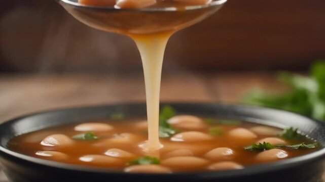 Steaming bowl of white bean soup with fresh parsley garnish. 4k Food Footage Video