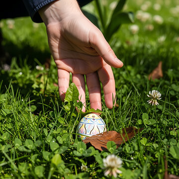 Easter egg hunt tradition a hand gently picks up a colorful decorated egg hidden amongst green grass and clover flowers in a sunny garden