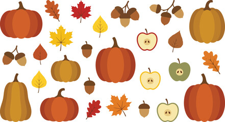 Autumn harvest flat vector collection. Features pumpkins, acorns, apples, and colorful fall leaves. Seasonal design elements for Thanksgiving, Halloween, and harvest festival themes. © Muhammad