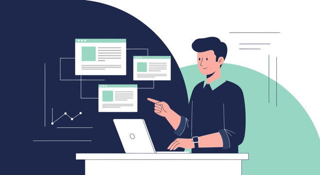 Man working on laptop with data charts and web pages, business analytics concept