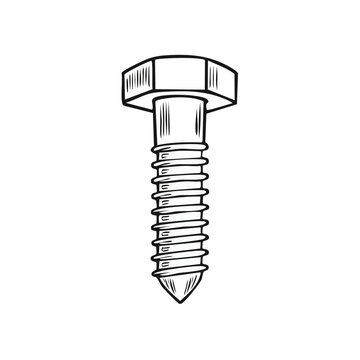 Hand Drawn Illustration of a Hex Head Bolt Fastener with Threaded Shaft