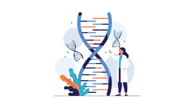 Female scientist in a white lab coat standing next to a large glowing double helix dna model for genetic research and biotechnology studies.