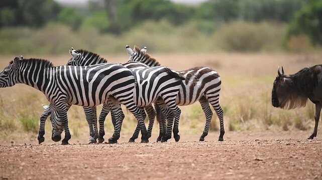 Herd of wild zebras grazing and roaming together across the open plains of the Maasai Mara, Kenya
