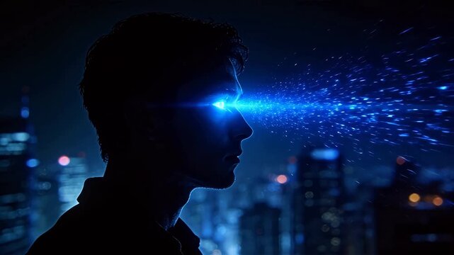 Sci-fi man profile with glowing blue eye particle effect in city night