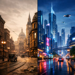 Naklejka premium Past vs Future City Split Scene Vintage Street and Futuristic Skyline Contrast