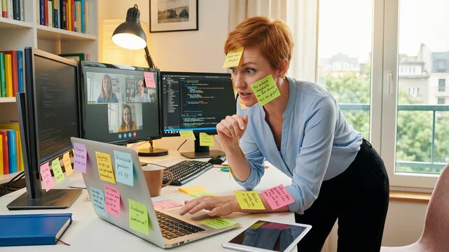 Stressed businesswoman with sticky notes on her face and arms is multitasking while talking in a video conference from her cluttered home office, surrounded by multiple computer screens