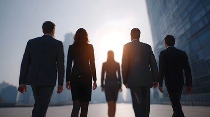 Obraz na płótnie Canvas A diverse group of professionals walk together through a modern sunlit urban plaza symbolizing shared success and corporate ambition