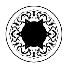 Fototapeta premium Black silhouette vector illustration of a grunge rubber stamp with the text of the world featuring a spider insect symbol and sun icon design