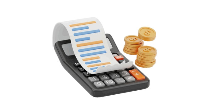 Vector illustration&nbsp;of 3d illustration of a calculator with a paper receipt and stacks of coins on a transparent background
