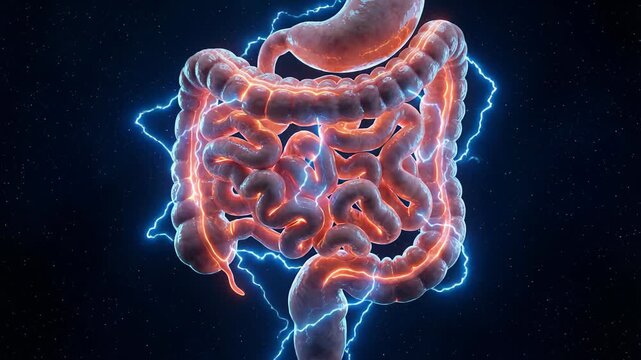 Digital animation showing the human digestive system with the small and large intestines. Blue lightning bolts surround the organs, representing digestive problems, pain, and discomfort