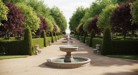 Obraz premium A serene garden pathway leads the eye towards a distant view framed by lush greenery