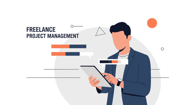 Freelance Project Management: Man with Tablet Analyzing Progress Charts