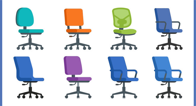 Colorful office chairs arranged in a grid on a white background