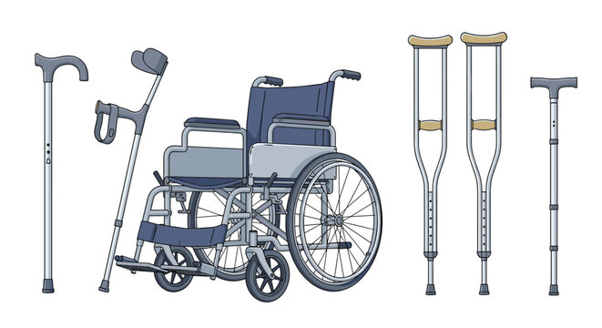 Collection of medical mobility aids including a wheelchair, crutches, and walking canes for patients with physical disabilities.