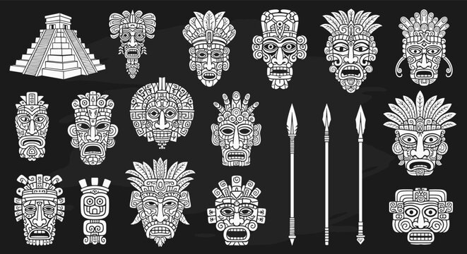 Set of ancient mayan and aztec cultural elements including tribal masks, a stone pyramid, spears, and totems on a dark background.