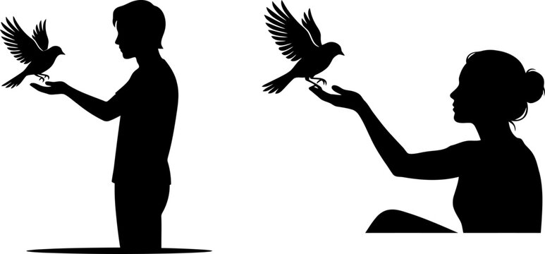 Black silhouettes of a man and a woman reaching out to touch small birds flying near their hands