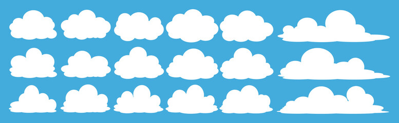 Fototapeta premium set of vector illustrations of clumpy clouds, cloud bubbles in flat style on a blue background