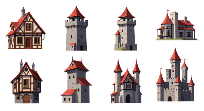 Variety of medieval architecture featuring timber-framed houses, stone watchtowers, and a grand gothic castle with red roofs.