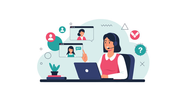 Online support agent with headset on video call, customer service, remote work