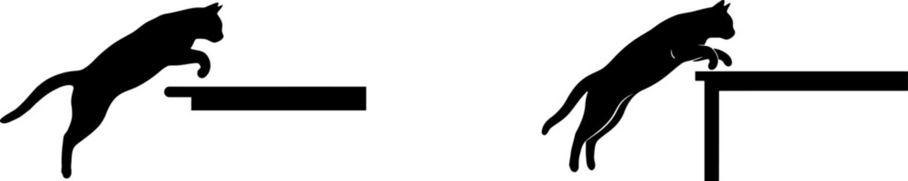 A black cat silhouette jumping onto a table surface displayed in a simple isolated white background