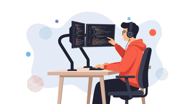 Programmer working on dual monitors with headphones, coding at desk