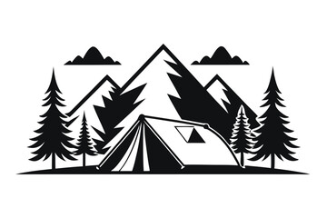 Obraz premium camping tent with mountain tree silhouette line art vector illustration