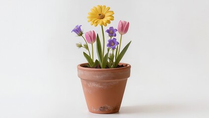 Obraz premium Terracotta pot with colorful flowers isolated on white background