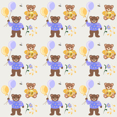 Naklejka premium Cute vector pattern with teddy bears in blue and yellow sweaters holding balloons