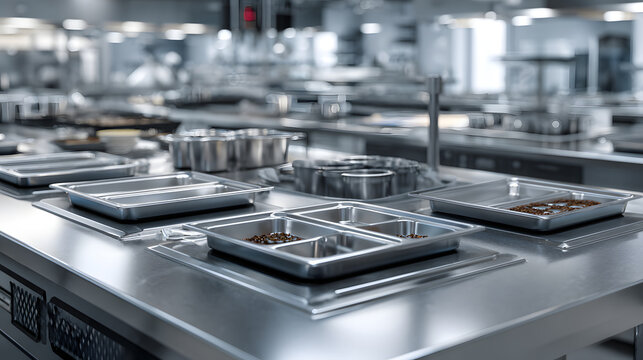Stainless steel serving pans food preparation line commercial kitchen buffet counter modern catering