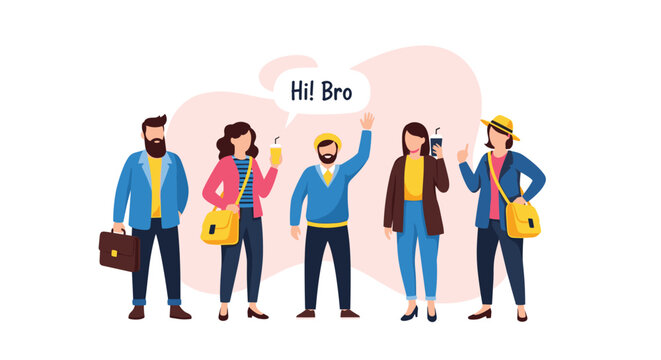 Group of stylish diverse young people standing together, drinking coffee and talking, with one waving and saying Hi Bro.