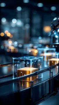 Transparent smart packaging cube on conveyor with glowing parcel and robotic automation in futuristic factory scene