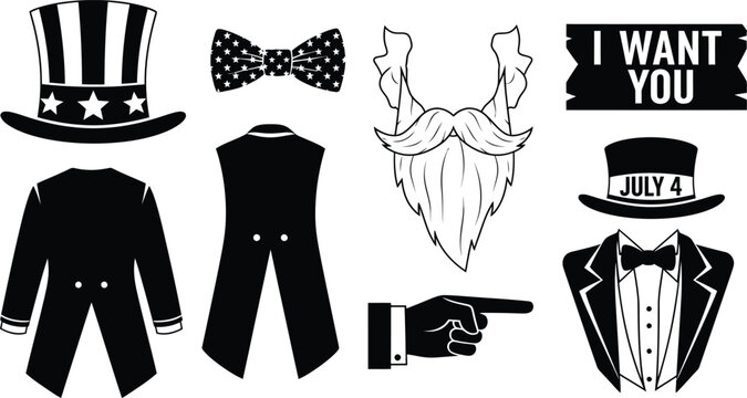 Uncle Sam costume elements and accessories with top hat, beard, bow tie, and pointing hand vectors.