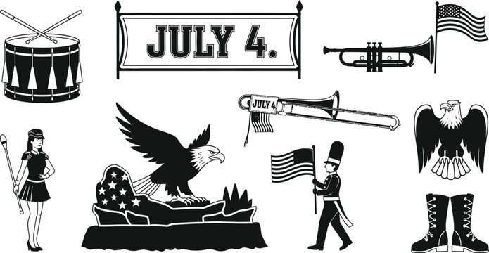 Fourth of july celebration elements with drum, banner, trumpet, eagle, and marching band vectors.