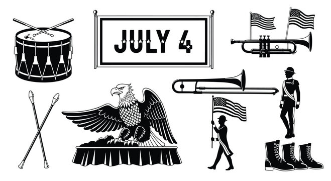 Independence day parade elements like drum bugle trumpet trombone eagle soldier and flags.